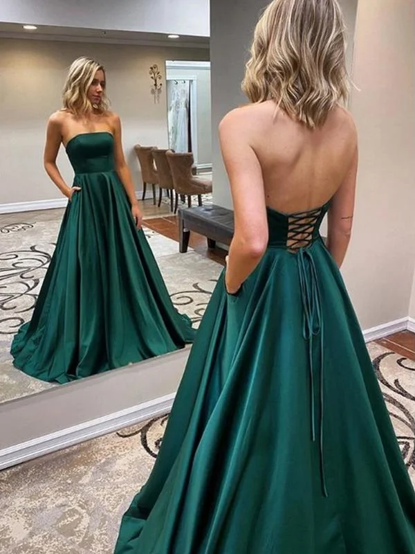 Latest Fashion Strapless Emerald Green Satin Long Prom Dresses, Emerald Green Floor Length Long Formal Evening Dresses  gh1081