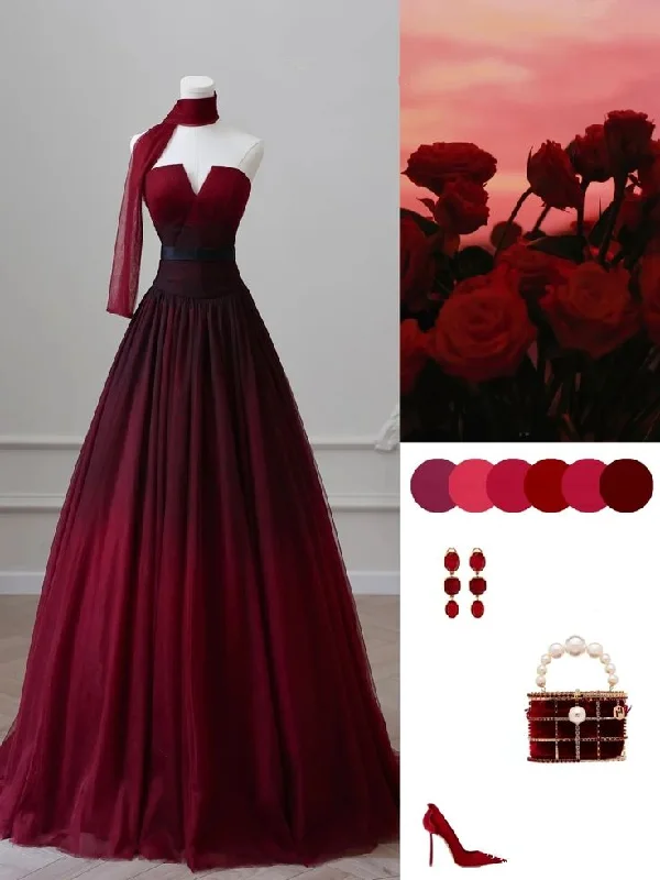 Final Sale Burgundy Strapless A-Line Gradient Long Formal Prom Dress Evening Gown MD7533