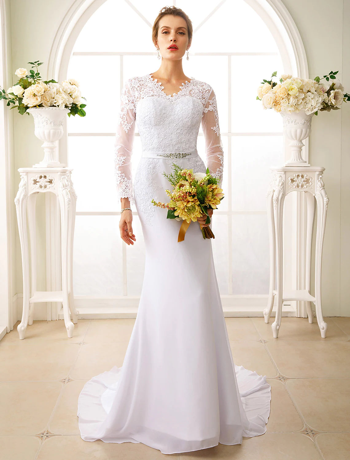 Ride The Style Wave Engagement Open Back Formal Wedding Dresses Long Sleeve V Neck Chiffon Sash Appliques