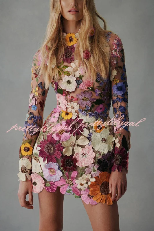 Dive Into Trendy Women's Fashion Elegantly Enchanted Floral Applique Backless Long Sleeve Mini Dress