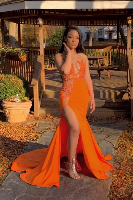 Trend Driven Wardrobe Jewel Sheer Sleeveless Appliques Orange Mermaid Prom Dresses with Side Split gh2425