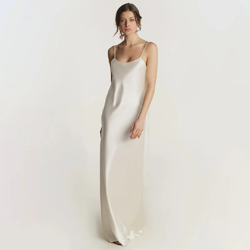 Earthy Tones Luxury Scoop Neck Spaghetti Strap Backless Silk Satin Maxi Slip Dress