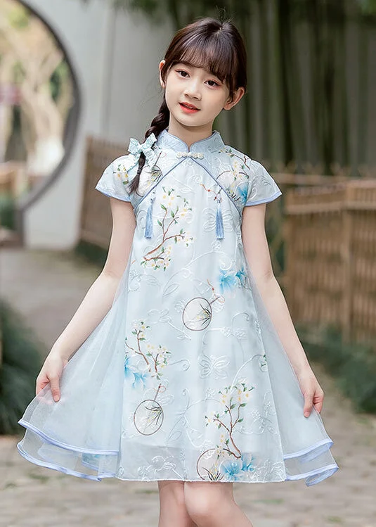 Special Offer For You Handmade Light Blue Stand Collar Embroideried Button Tassel Tulle Patchwork Kids Maxi Dresses Short Sleeve