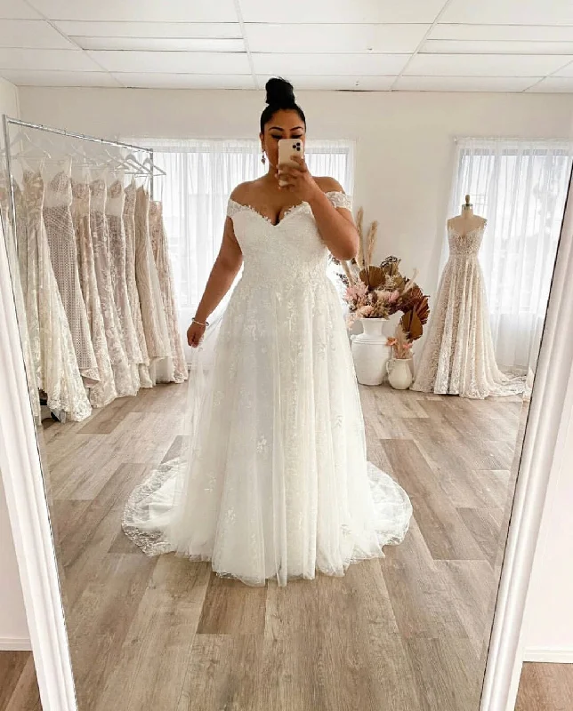 Feminine Charm Plus Size A-Line Wedding Dress Off The Shoulder Lace Appliques Tulle Backless Floor Length Sweep Bridal Gown vestido de noiva,MW039