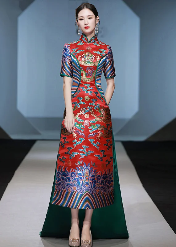 Minimalist Office - Ready Style Chinese Style Red Stand Collar Embroidered Patchwork Silk Maxi Dresses Summer