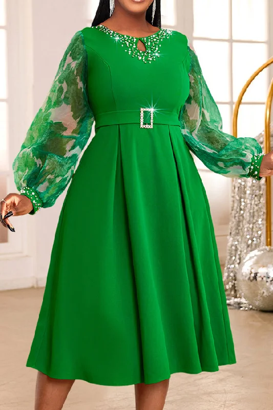 Feminine Grace Beaded Decor Stylish Puff Sleeve Pleated Midi Dress