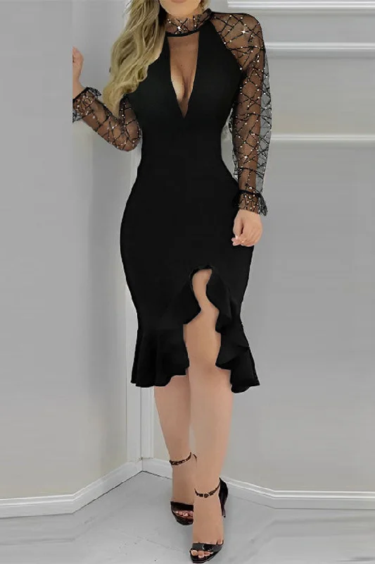 Dive Into Trendy Styles Sequined Mesh Patchwork Unusual Irregular Ruffles Midi Dress