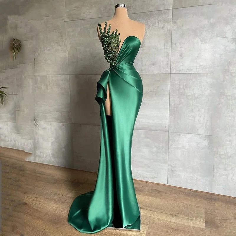 End Of Season Clearance Green luxury gorgeous beaded gown long elegant satin sexy slit prom dress evening gown party dress gh1911