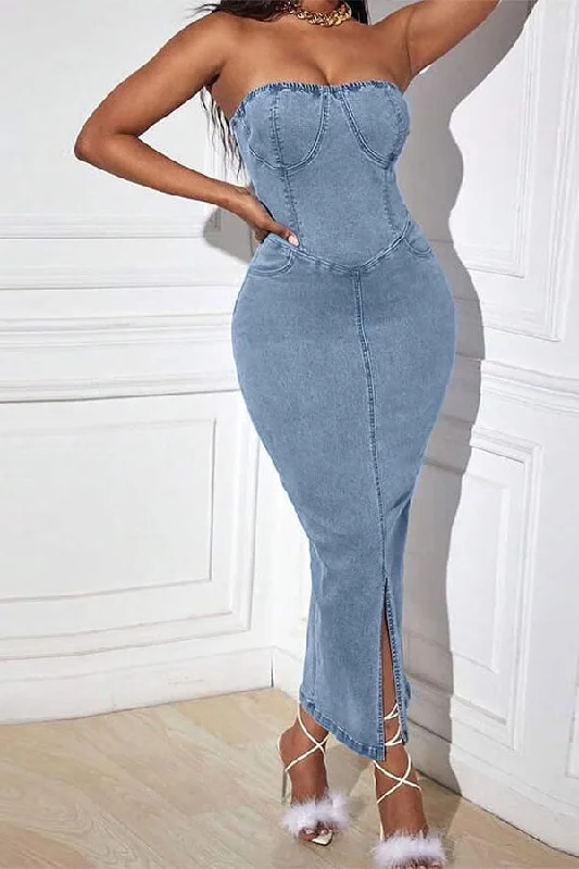 Attire Sale Washed Denim Strapless On-trend Strappy Midi Dress