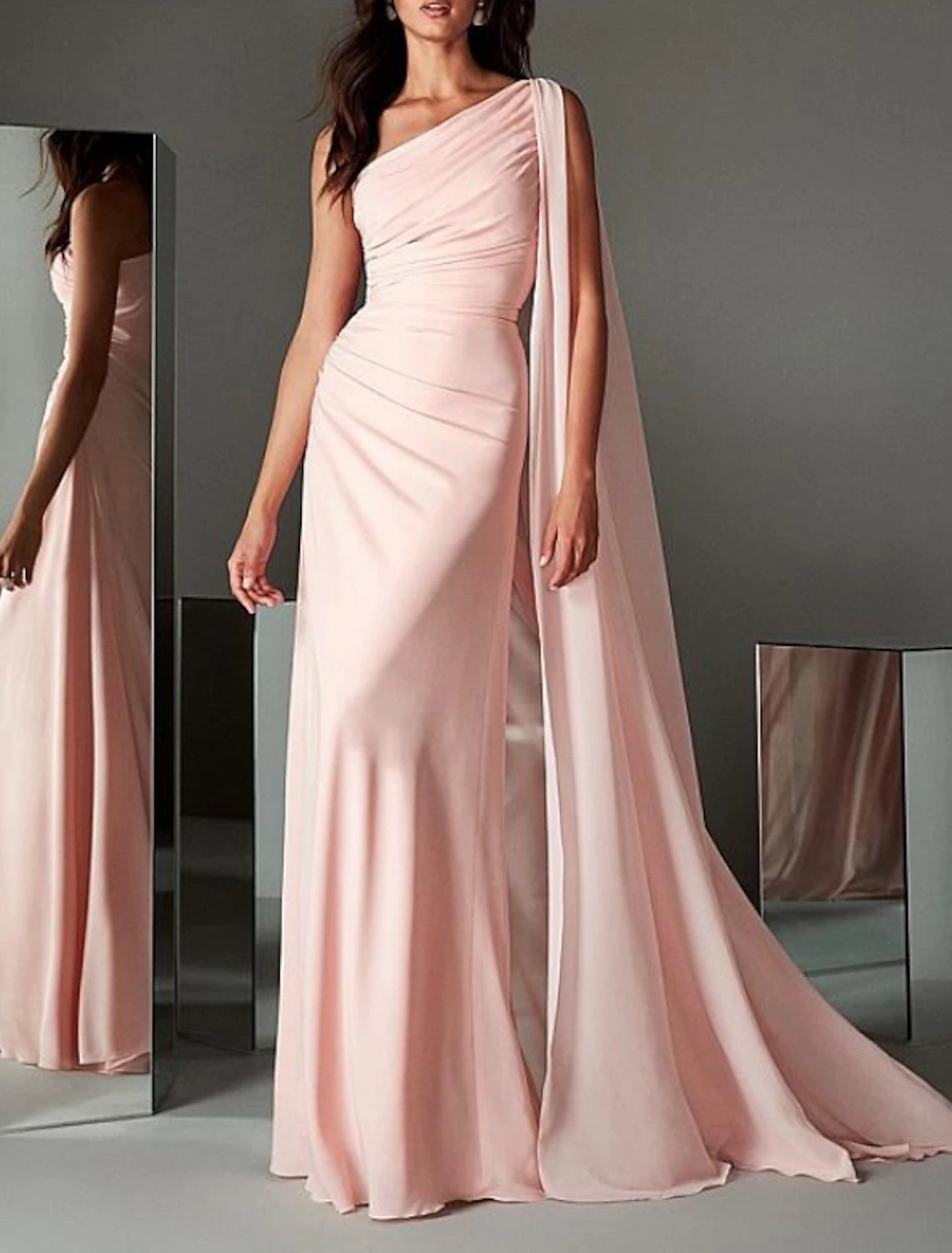 Effortless Chic Apparel Sheath / Column Evening Gown Elegant Dress Engagement Formal Evening Sweep / Brush Train Sleeveless One Shoulder Chiffon with Sleek