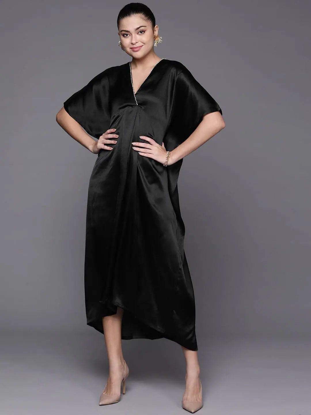 Browse Our Top Products Women Black Satin Kaftan Midi Dress