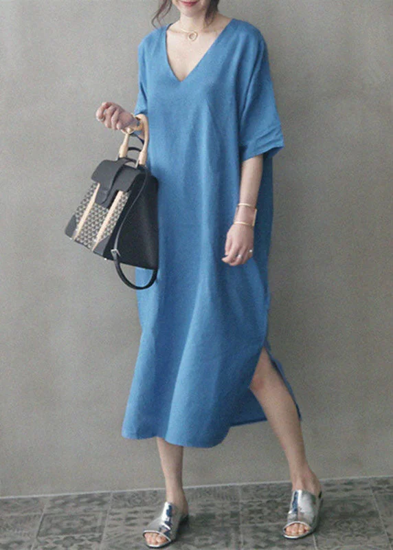 Sophisticated Fashion Chic Blue V Neck Patchwork Side Open Linen Maxi Dress Summer