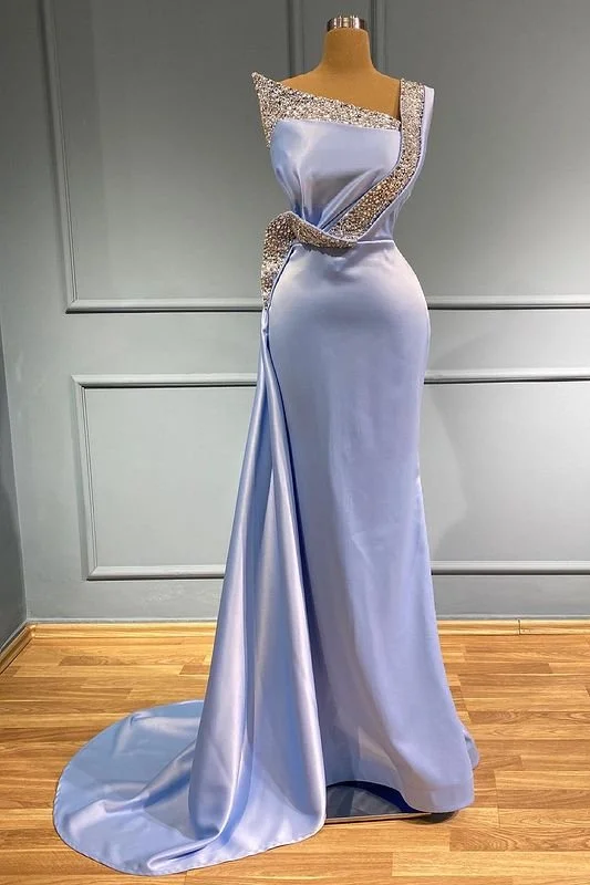 Stylish Women's Apparel Light Blue One-Shoulder Sleeveless Long Beads Mermaid Prom Dress With Ruffles gh716