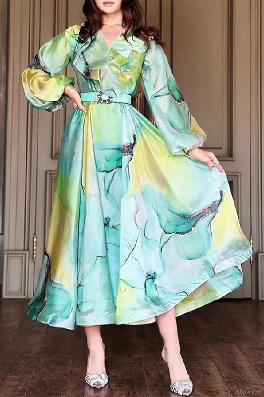 Enjoy Discount Watercolor Print Sweet Ruffles Swing Midi Dress