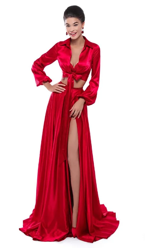 Luxury Fashion Tarik Ediz - Two Piece Lace Satin A-line Dress 50476 - 1 pc Red In Size 4 Available