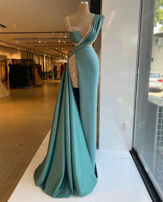 Seasonal Trends Green Sexy V Neck Mermaid Evening Dresess Sequins Women Prom Gowns robes de soirée Split Satin Formal Party gh1114