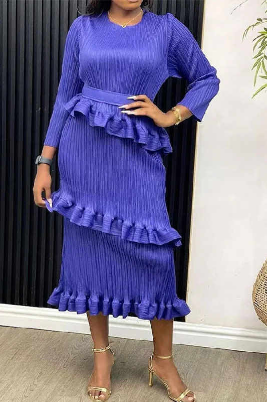 Vintage Inspired Fashion Sale Solid Color Pleated Urban Tiered Ruffles Midi Dress