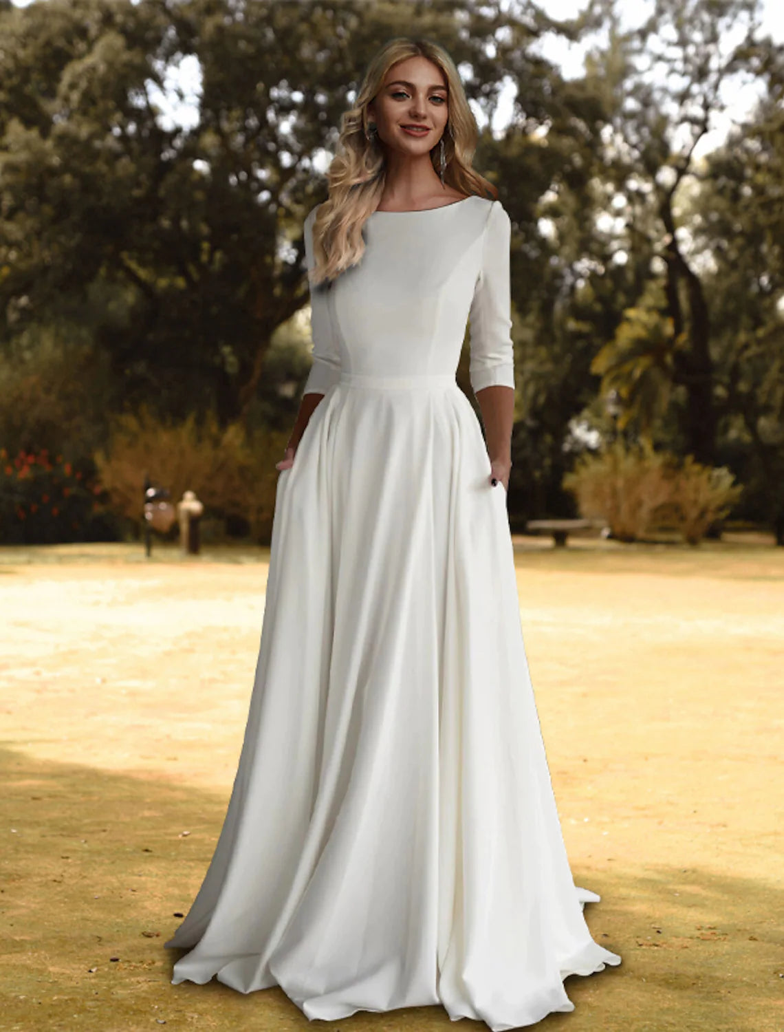 Elegant Style Casual Wedding Dresses A-Line Length Sleeve Stretch Pleats