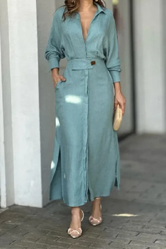 Exclusive Sale Solid Color Classic Side Slit A-Line Midi Dress