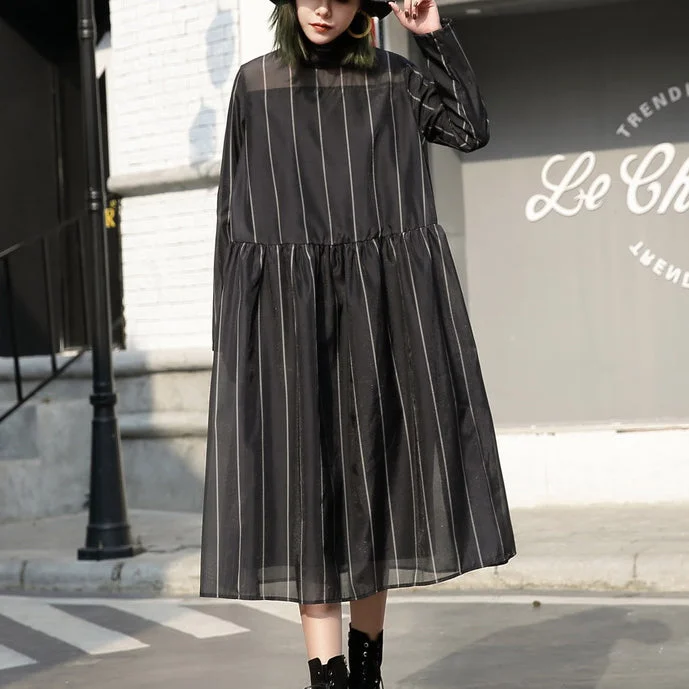 Now On Sale For Chic Urban Styles fashion black long tulle dress plus size striped cotton caftans New stand collar maxi dresses