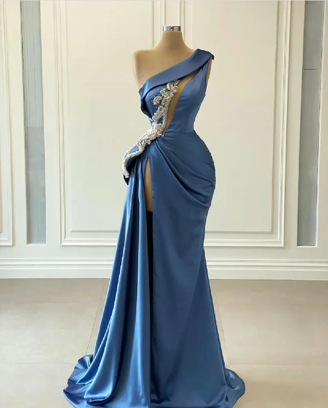 Elegant Attire For The Modern Lady blue prom dresses, pearls prom dresses, keyhole prom dresses, satin prom dresses, one shoulder prom dresses,   gh2054