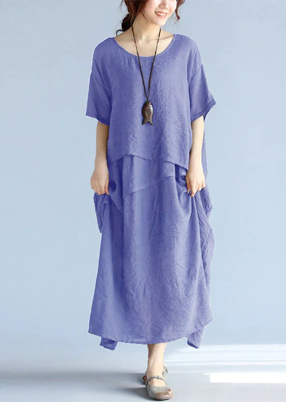 Fashion Frontiers baggy Purple long linen dresses oversized layered cotton maxi dress vintage short sleeve cotton clothing