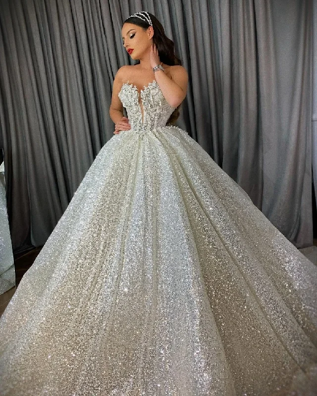 Dive Into Trendy Styles Strapless Sparkling Sequins Wedding Dress Shiny Beads Sleeveless Floor Length Custom Made Backless Bridal Gowns Vestido De Novia