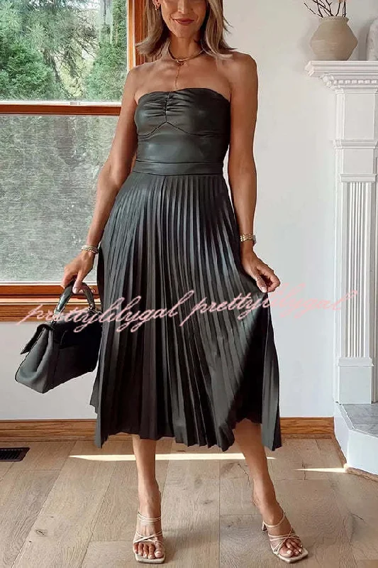 Eclectic Style Wardrobe My Juliet Faux Leather Off Shoulder Strapless Pleated Stretch Midi Dress