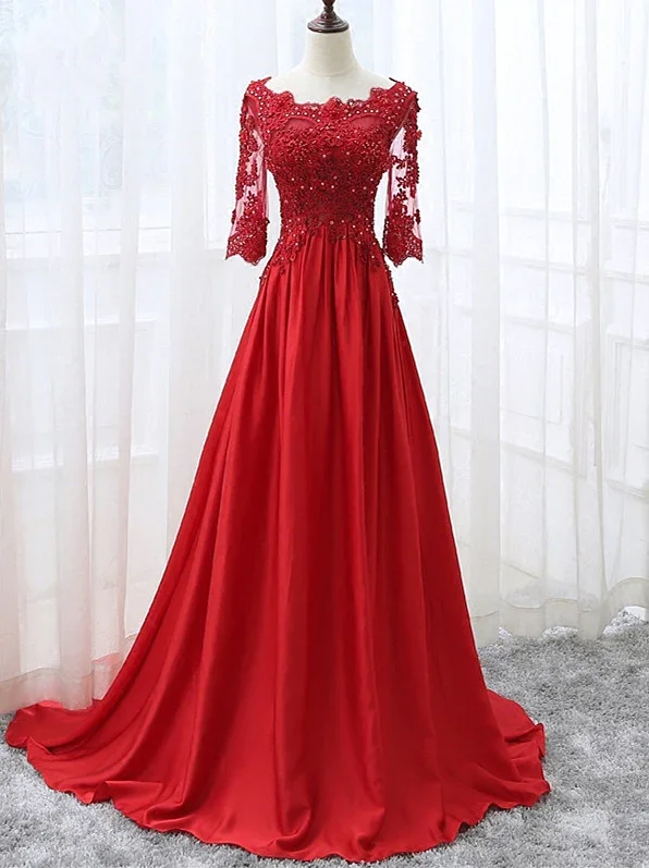 Classic Appeal Beautiful Red Satin Short Sleeves Long Party Dress, Red Prom Dress gh187