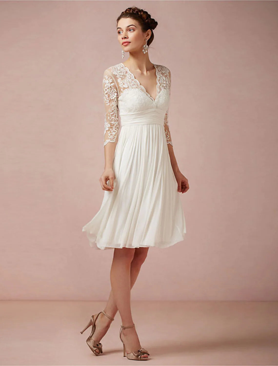 Valentine's Special Bridal Open Back Little White Dresses Wedding Dresses Knee Length A-Line V Neck Chiffon