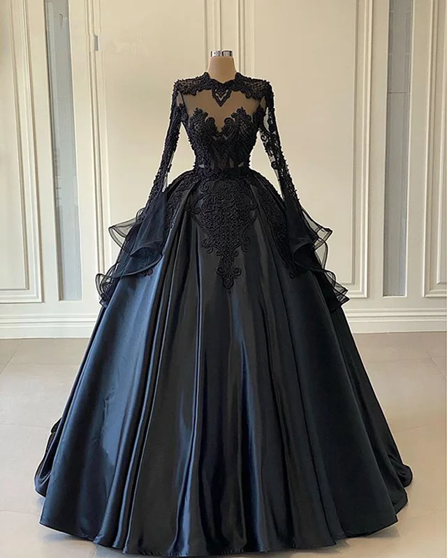 Chic Trends Unveiled Ball Gown Black Long Sleeves Lace Prom Dresses,Beading Formal Evening Dresses M5454