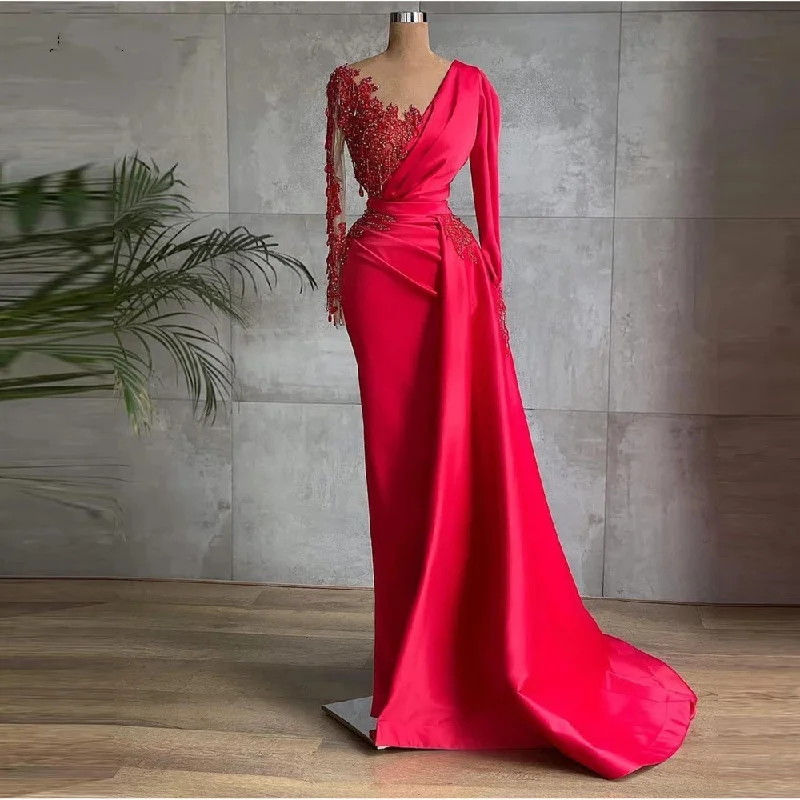 Innovate Your Wardrobe Glamorous Red Satin Dubai Evening Dresses Long Sleeves Sheer Neck Beads  Prom Gowns Celebrity Formal Dress  gh2202