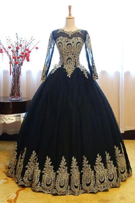 Latest Trends Black Ball Gown Long Sleeves Party Dress, Princess Tulle Prom Dress with Lace Appliques M1503