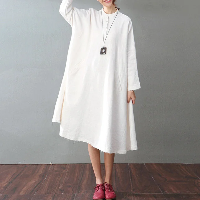 Today Only vintage white cotton linen caftans oversized Stand baggy dresses cotton linen clothing dress boutique long sleeve pockets maxi dresses