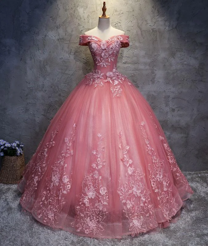 Durable Fashion Picks Pink sweetheart tulle lace applique long prom gown, sweet 16 dress M4808