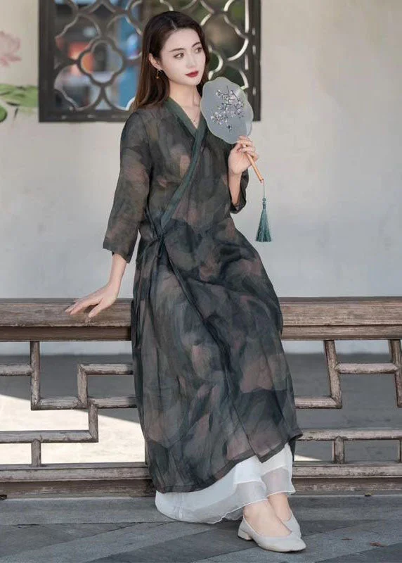 Fashion Forward Dark Grey Patchwork Linen Maxi Dresses V Neck Lace Up Summer