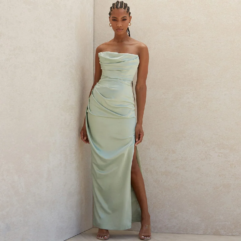 Seasonal Sale Silky Satin High Slit Ruched Strapless Party Maxi Dress - Sage Green