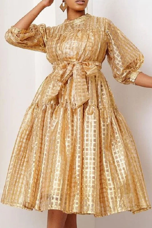 Trend Forward Threads Metallic Grid Puff Sleeve Glistening Lace-Up Tiered Midi Dress