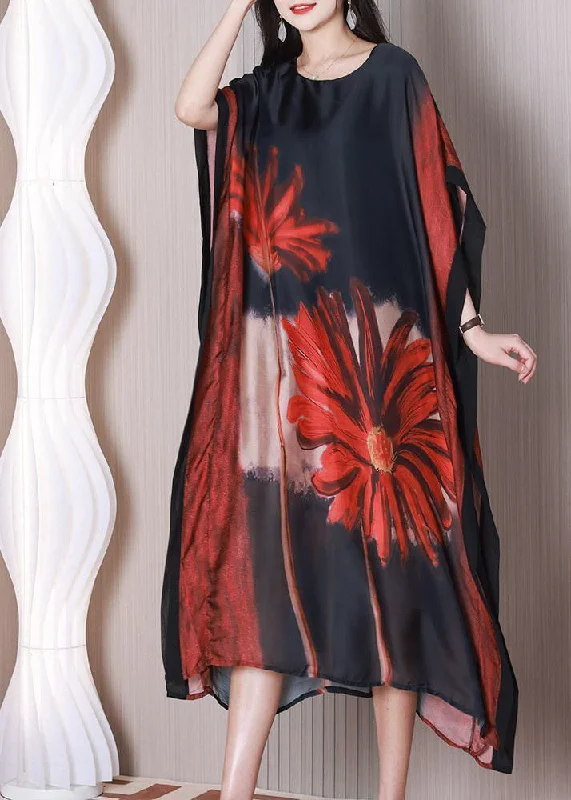 Redefining Women's Fashion Art Black Oversized Print Silk Maxi Dress Batwing Sleeve