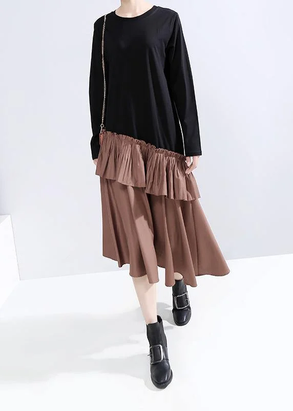 Flowy Fabric Elegant ruffles cotton patchwork Tunics Shape khaki Maxi Dresses