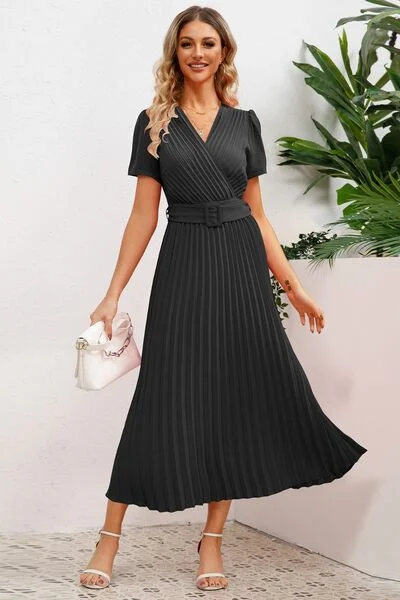 Vintage Style Clothing Sale Pleated Surplice Short Sleeve Midi Dress