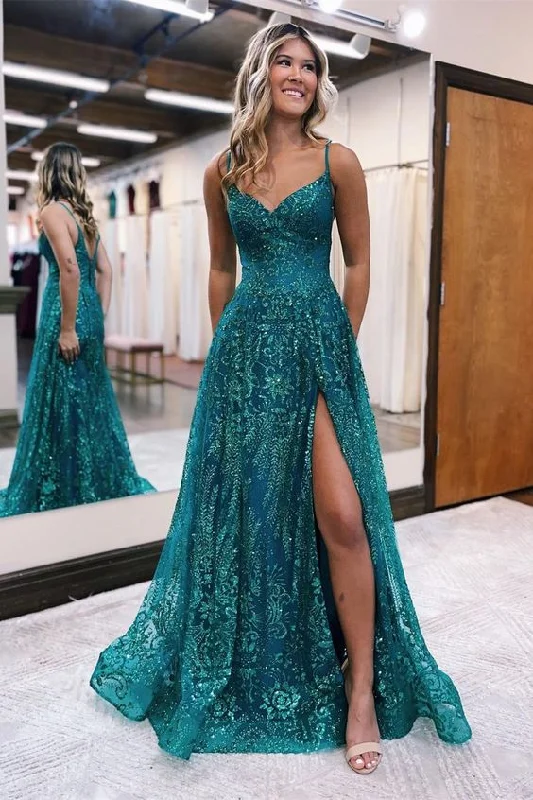 Odd Size Clearance Sale Designer Long A-line Spaghetti Straps Lace Sleeveless Prom Dress With Slit  gh2709