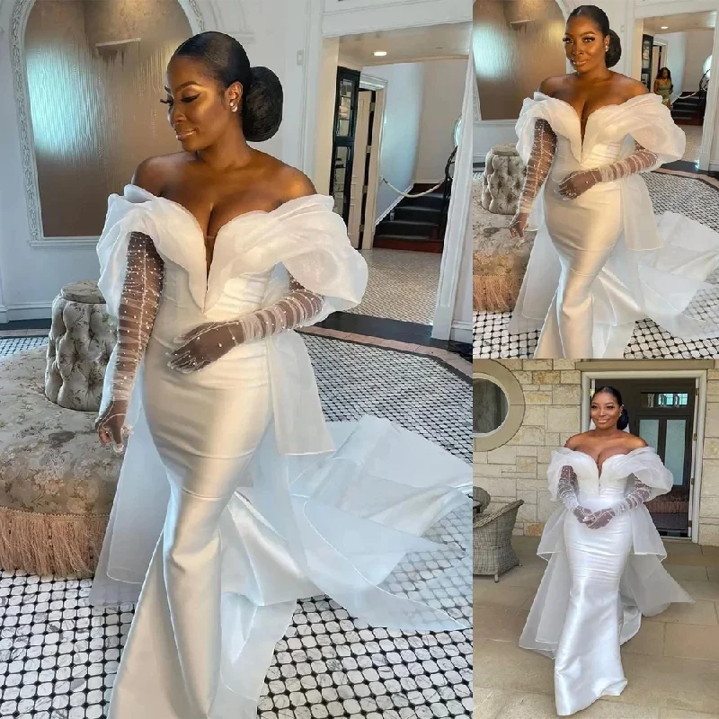 Premium Style Mermaid Lace Applique Wedding Dresses african Sexy off shoulder Bridal Gowns with gloves Plus Size robe de mariee