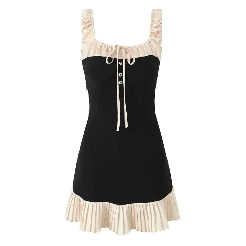 Contemporary Chic Luxury Tie Neck Scrunched Strap Ribbed A Line Satin Pleated Mini Sundress