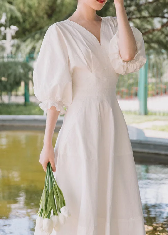 Style Versatile Women's Collection Plus Size White V Neck lantern sleeve Ruffles Maxi Dresses