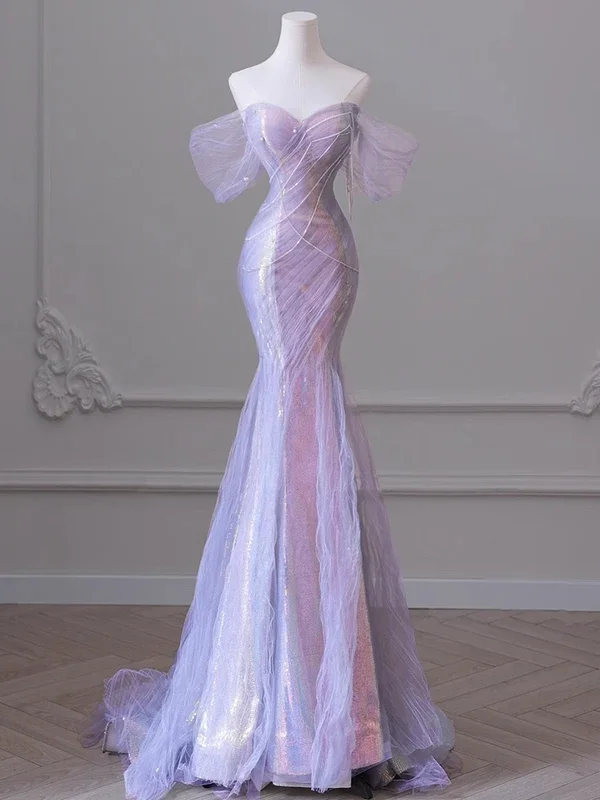 New Season Fashion Preview Light Purple Off Shoulder Mermaid Tulle Long Prom Dress Party Gown MD7371