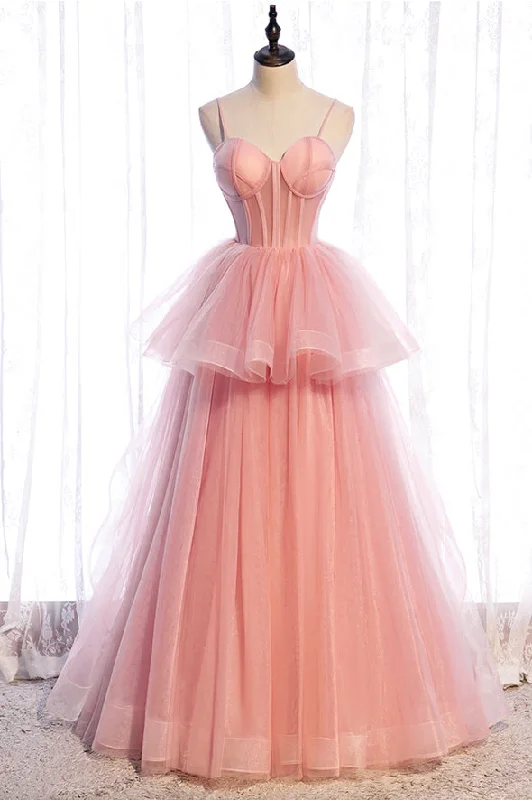 Runway Inspired Wear Pink tulle long prom dress A line evening gown M5355