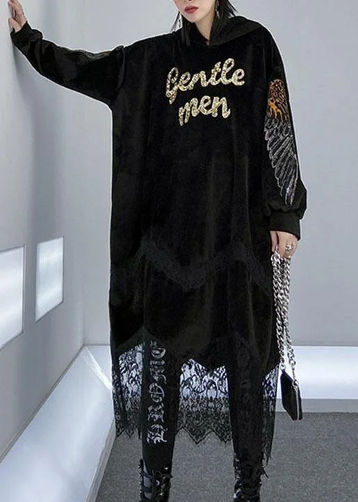 Premium Fabrics Women patchwork lace alphabet pattern Catwalk black hooded Maxi Dress