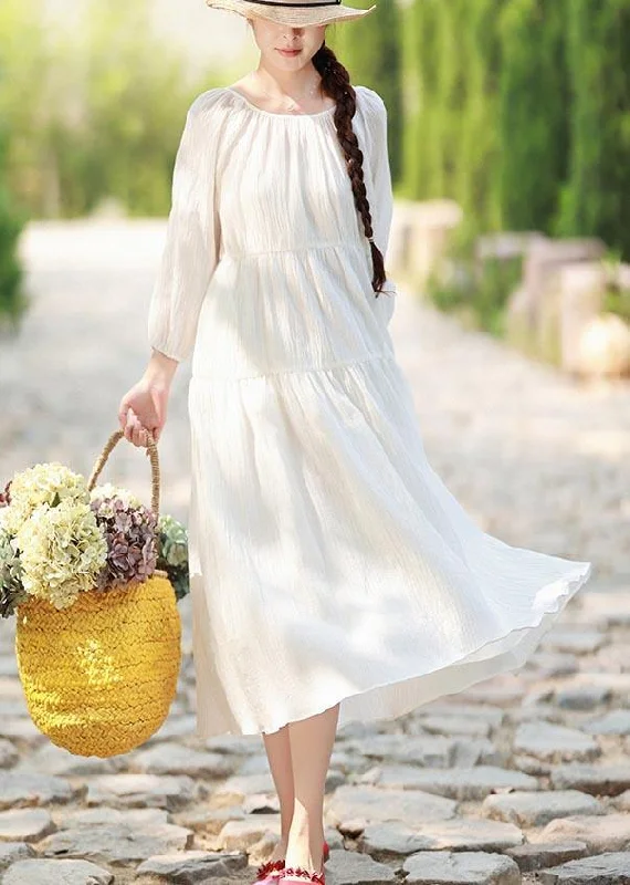 Exclusive Sale 100% O Neck Cinched Spring Outfit Tunic Tops White Maxi Dresses