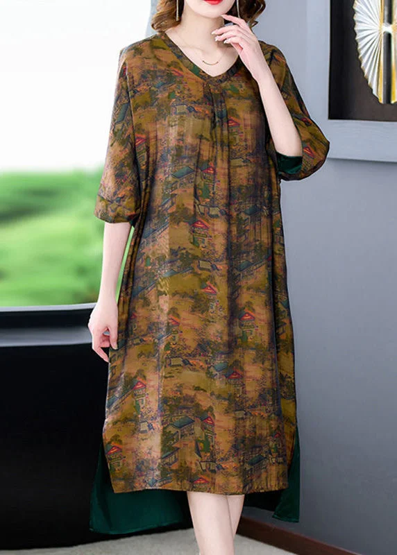 Trend Forward Threads Coffee Patchwork Silk Maxi Dresses Low High Design Summer